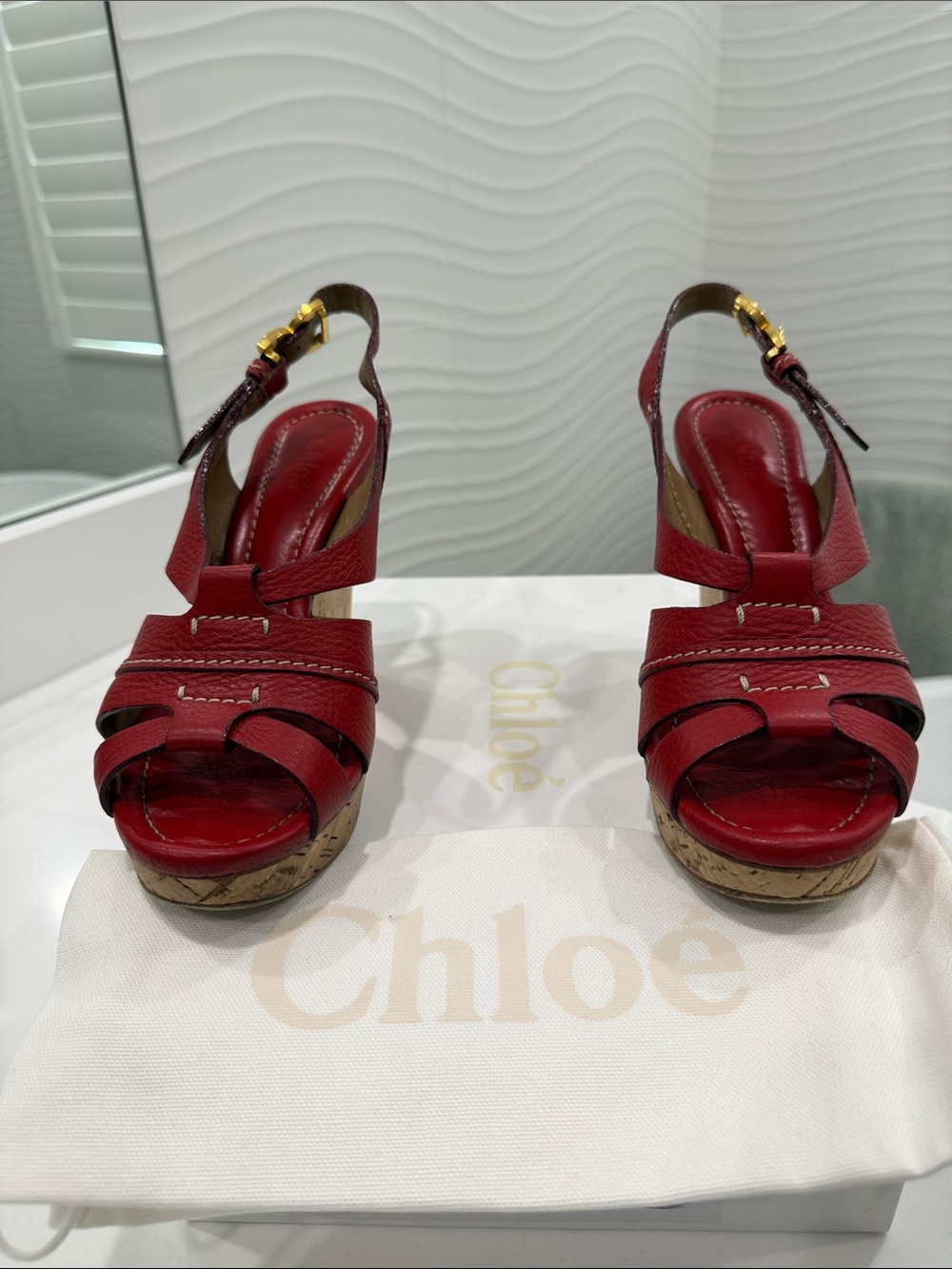 Chloe Red Leather Marcie cork wedge Sandals